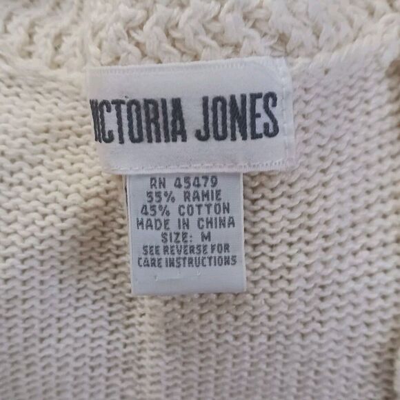 Vtg Victoria Jones Sweater Womens Medium Embroidered Floral V Neck Beige Pink - Picture 7 of 8